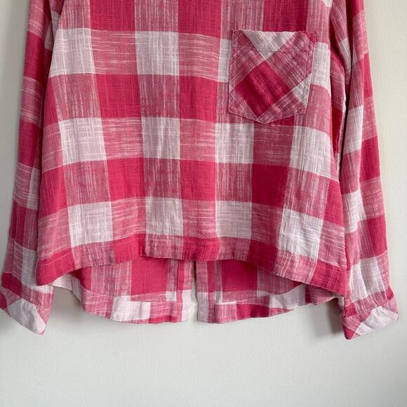 Cloth & Stone Linen Blend Picnic Gingham Plaid Shirt Button Back Pink White S - Picture 6 of 11